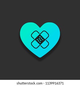 broken heart with patch. simple single icon. Colorful logo concept with soft shadow on dark background. Icon color of azure ocean