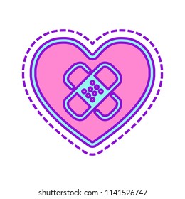 broken heart with patch. simple single icon. Colored sketch with dotted border on white background