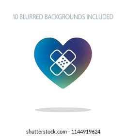 broken heart with patch. simple single icon. Colorful logo concept with simple shadow on white. 10 different blurred backgrounds included