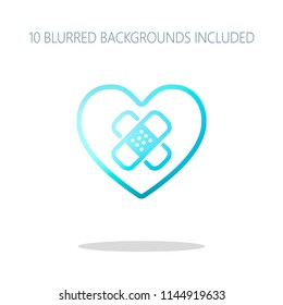 broken heart with patch. simple single icon. Colorful logo concept with simple shadow on white. 10 different blurred backgrounds included