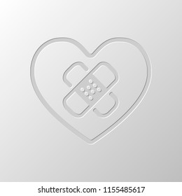 broken heart with patch. simple single icon. Paper design. Cutted symbol. Pitted style
