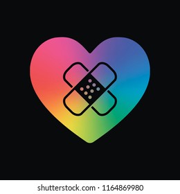 broken heart with patch. simple single icon. Rainbow color and dark background