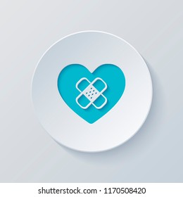 broken heart with patch. simple single icon. Cut circle with gray and blue layers. Paper style