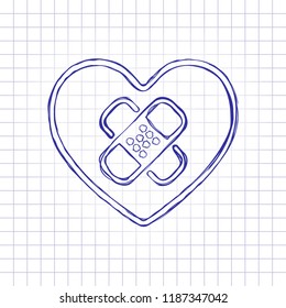 broken heart with patch. simple single icon. Hand drawn picture on paper sheet. Blue ink, outline sketch style. Doodle on checkered background