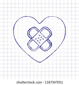 broken heart with patch. simple single icon. Hand drawn picture on paper sheet. Blue ink, outline sketch style. Doodle on checkered background