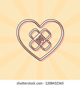 broken heart with patch. simple single icon. Vintage retro typography with offset printing effect. Dots poster with comics pop art background