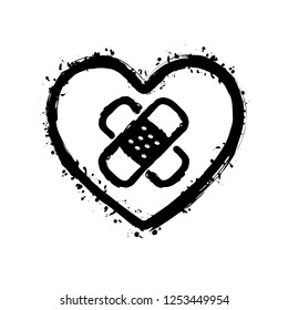 broken heart with patch. simple single icon. Black ink with splashes on white background