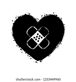 broken heart with patch. simple single icon. Black ink with splashes on white background