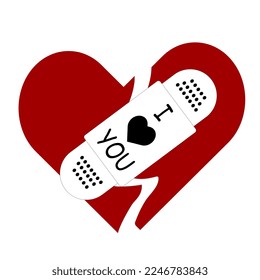 Broken heart with a patch that connects the broken halves with the words "I love you"