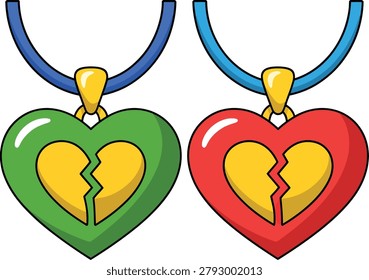 Broken heart pendants, green and red, with yellow centers and blue necklaces