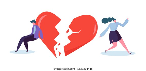 Broken Heart with People Lover Concept. Sad Young Man and Woman Character Suspect Partner Jealousy. Crisis Family Relationship. Emotion Partner Conflict. Flat Cartoon Vector Illustration