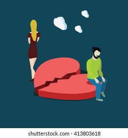 Broken heart people relation concept. Flat isometric vector illustration.