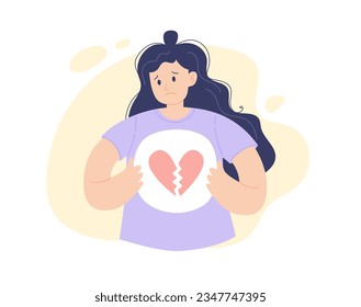 Corazón roto. Una mujer triste con el corazón roto en el pecho, ilustración vectorial al estilo minimalista