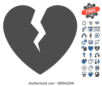 Broken Heart pictograph with bonus amour symbols. Vector illustration style is flat iconic cobalt and gray symbols on white background.