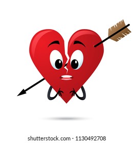 Broken heart pierced by an arrow. Vector illustration.