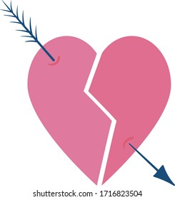 Broken heart pierced by arrow, failed love, bad love relationship concept and vector illustration on white background. Unstable mental state, female depression and stress. Flat style.