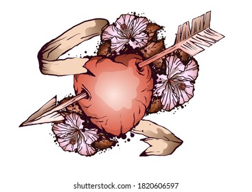Broken heart, pierced by an arrow, among ribbons and flowers. Unhappy love symbol. Vector illustration.