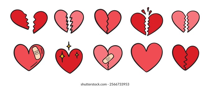 broken heart pink doodle hand drawn icon set. Outline drawing broken red hearts line clipart symbol collection. Vector illustration