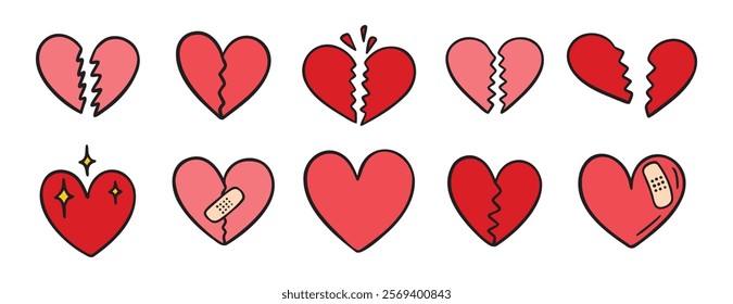 broken heart pink doodle hand drawn icon set. Outline drawing broken red hearts line clipart symbol collection. Vector illustration