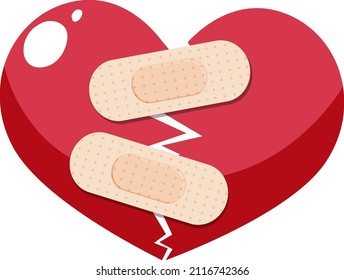 Broken heart with plaster in cartoon style illustration