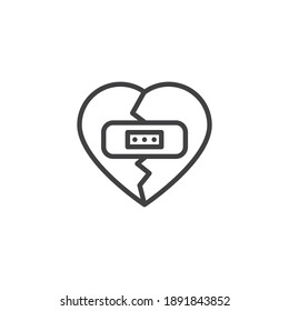 Broken heart with plaster line icon. linear style sign for mobile concept and web design. Heart with adhesive plaster outline vector icon. Symbol, logo illustration. Vector graphics