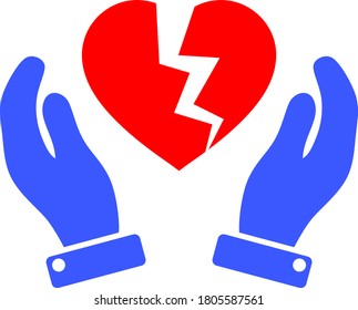 Broken Heart Protection Hands flache Vektorsymbol. Ein isoliertes Symbol auf weißem Hintergrund.