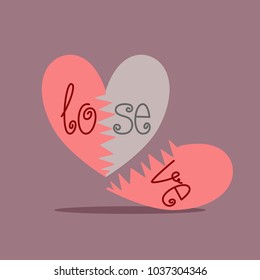 a broken heart with purple background. the word changes from love to lose. opposite concept. vector illustration.
