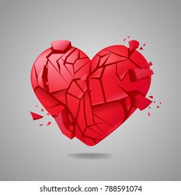 Broken heart. Red glass shards. Vector realistic illustration