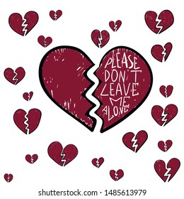 Broken heart red icon closeup. End to relationship or marriage. Break up and separation split of couple, cracked love.  Illustration for greeting cart, poster and header. Please don't leave me alone.