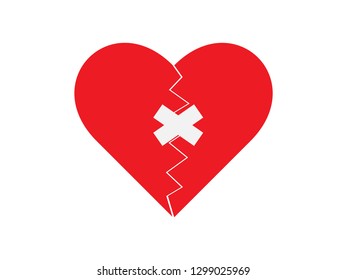 Broken heart red icon vector. Love symbol with repair in Valentine's Day sign isolated on white background in Flat style for graphic and web design or logo. EPS10