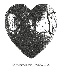 Broken heart with retro photocopy effect. Stippling technique. Texture of dots.