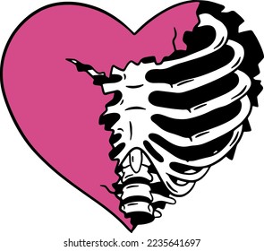 Broken heart with ribs and bones. emo style hand drawn