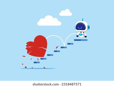 Broken heart. Robot with artificial intelligence near crushed heart. After love failure, burnout or no inspiration.  Flat vector illustration