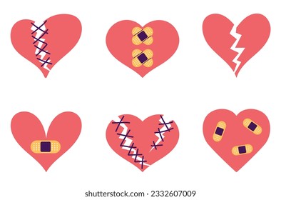 Broken heart sad character face bandage crack isolated set. Vector graphic design illustration