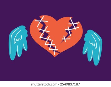 Broken heart sad character face bandage crack isolated set. Vector graphic design illustration