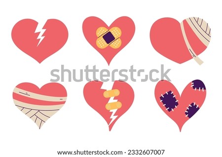 Broken heart sad character face bandage crack isolated set. Vector graphic design illustration