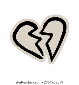 Broken heart scrapbook doodle sticker icon: hand drawn illustration of heartbreak, sad breakup, divorce, and mental health icon design