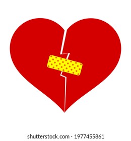 Broken heart sealed with a medical bandage in pop art style.