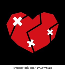 Broken heart sealed with a plaster. Breakup. Heart disease. Simple flat design.
