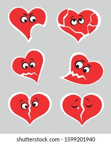 Broken heart. Set of 6 stickers. Valentine's day. Vector graphics