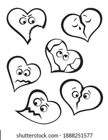 Broken heart. Set of 6 stickers. Valentine's day. Vector graphics. Black and white.