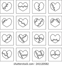 Broken heart. Set of black flat icons.