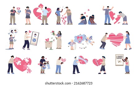 Broken heart set with flat isolated characters of loving persons with flowers smartphone pictograms and hearts vector illustration