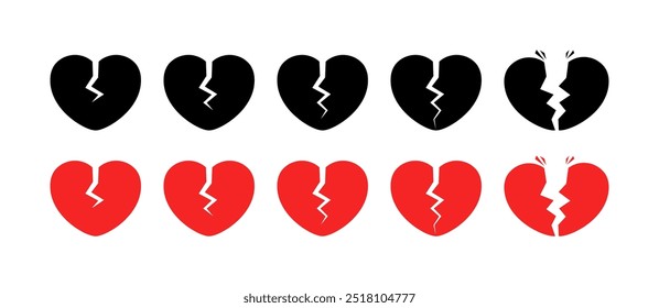 Iconos de conjunto de corazón roto. Silueta y estilo plano. Iconos del vector.