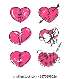 Broken heart set on white background. Hand-drawn vector illustration.