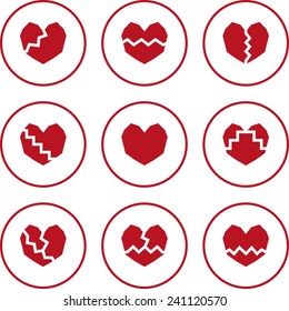 Broken heart. Set of red flat icons.