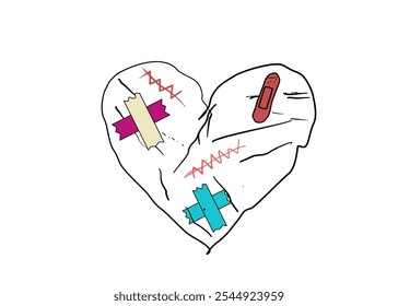  Broken heart sewed by thread and needle .Sadness,Feeling sorry for broken heart. Copy space, for your text.