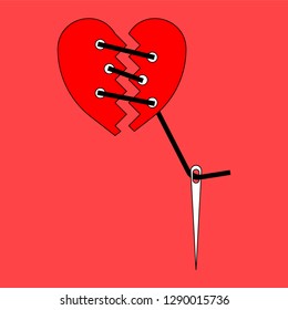 Broken heart with sewings and needle. Vector illustration.