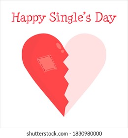 broken heart with a shadow ofa missing half vector illustration isolated on white background. Text Happy Single's Day. Post card for single, Valentine's Day.