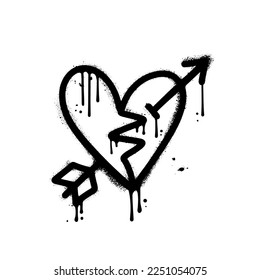 Forma de corazón rota con flecha. Dibujo urbano de graffiti negro ilustrativo vectorial. Concepto de impresión aislada texturizada.